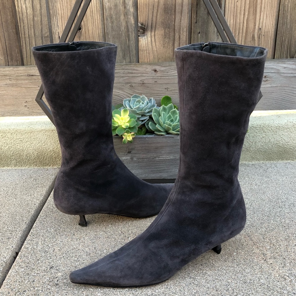 $895~ PRADA ~Gray Suede Kitten Heel Booties~7/7.5